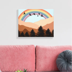 Abstrakt Landscape Forest Träd Rainbow & Birds Canvastryck