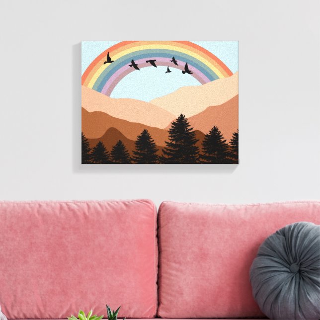 Abstrakt Landscape Forest Träd Rainbow & Birds Canvastryck (Insitu (Vardagsrum))