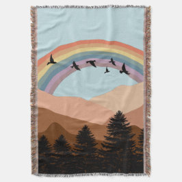 Abstrakt Landscape Forest Träd Rainbow & Birds Filt