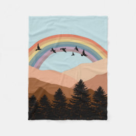 Abstrakt Landscape Forest Träd Rainbow & Birds Fleecefilt