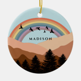 Abstrakt Landscape Forest Träd Rainbow & Birds Julgransprydnad Keramik