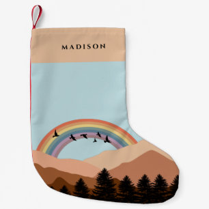 Abstrakt Landscape Forest Träd Rainbow & Birds Liten Julstrumpa