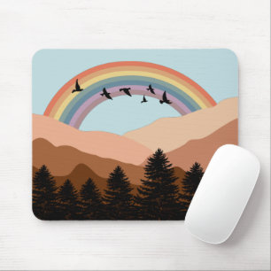 Abstrakt Landscape Forest Träd Rainbow & Birds Musmatta