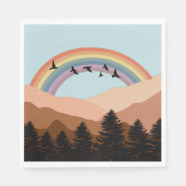 Abstrakt Landscape Forest Träd Rainbow & Birds Pappersservett