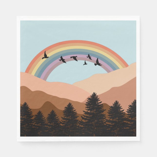 Abstrakt Landscape Forest Träd Rainbow & Birds Pappersservett (Framsidan)