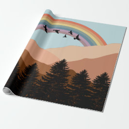 Abstrakt Landscape Forest Träd Rainbow & Birds Presentpapper