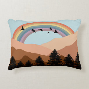 Abstrakt Landscape Forest Träd Rainbow & Birds Prydnadskudde