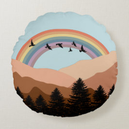 Abstrakt Landscape Forest Träd Rainbow & Birds Rund Kudde