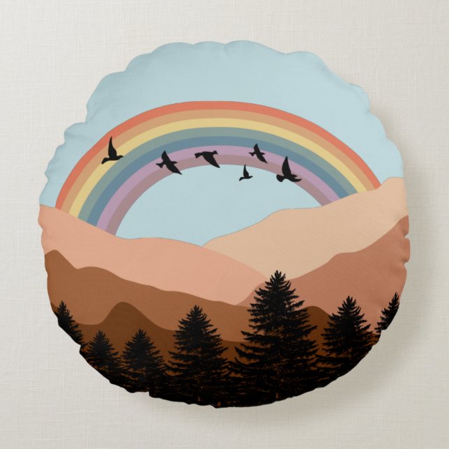 Abstrakt Landscape Forest Träd Rainbow & Birds Rund Kudde (Framsidan)