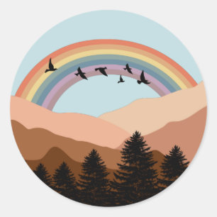 Abstrakt Landscape Forest Träd Rainbow & Birds Runt Klistermärke