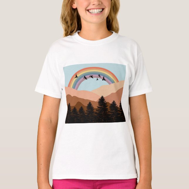 Abstrakt Landscape Forest Träd Rainbow & Birds T Shirt (Framsida)