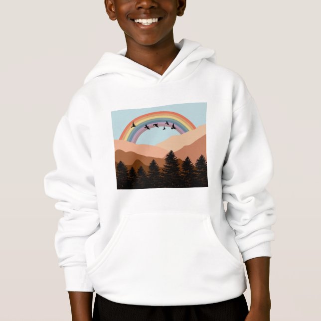 Abstrakt Landscape Forest Träd Rainbow & Birds T Shirt (Framsida)