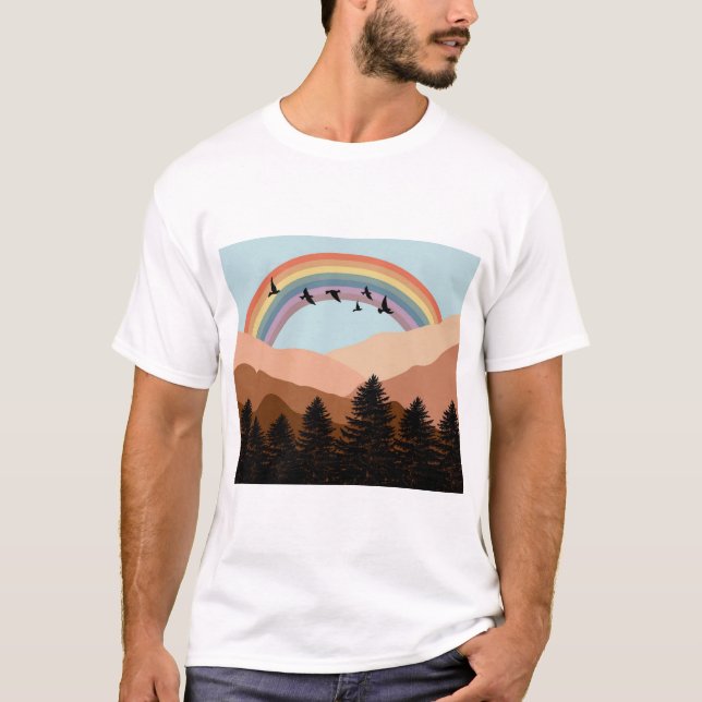 Abstrakt Landscape Forest Träd Rainbow & Birds T Shirt (Framsida)