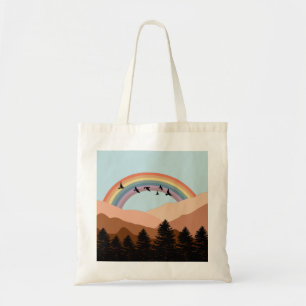 Abstrakt Landscape Forest Träd Rainbow & Birds Tygkasse
