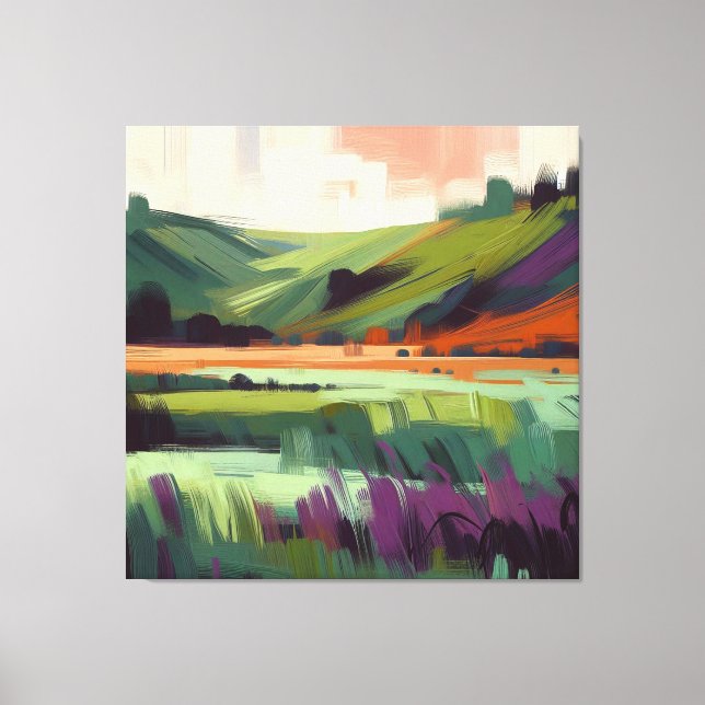 Abstrakt landskap med rosa himmel, lila och grå canvastryck (Framsida)