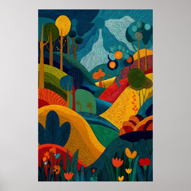 Abstrakt Landskaps Art Print Vibrant Modern Blommi Poster (Framsidan)