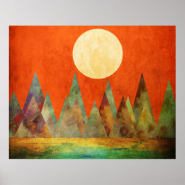 Abstrakt Landskapsbild Fullmåne Berg Orange Himmel Poster