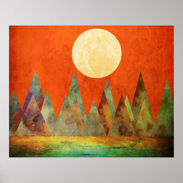 Abstrakt Landskapsbild Fullmåne Berg Orange Himmel Poster (Framsidan)