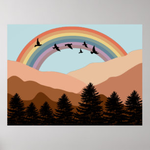 Abstrakt landskapsbild skogsträd regnbåge & fåglar poster