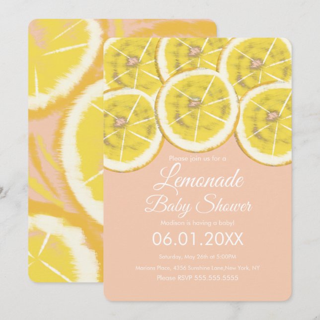 Abstrakt Lemon Citrus Lemonade Rosa Baby Shower in Inbjudningar (Fram/baksida)