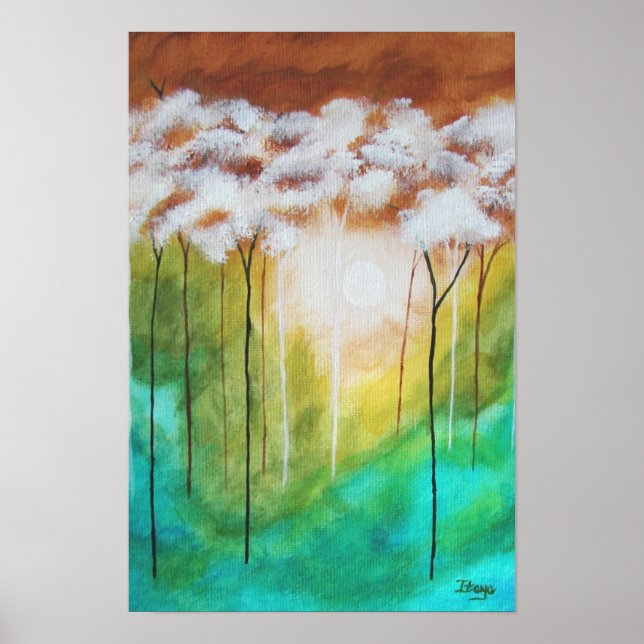 Abstrakt Ligcape Art, Smala Träd, Teal, Guld Poster (Framsidan)