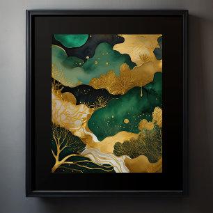 Abstrakt Liggande målning Guld Grönt II Poster