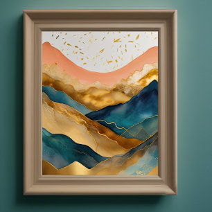 Abstrakt Liggande målning Guld Peach Blue II Poster
