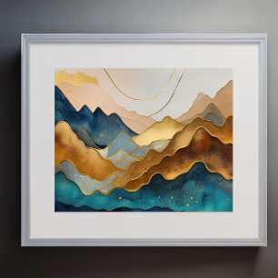 Abstrakt Liggande målning Guld Peach Blue Poster