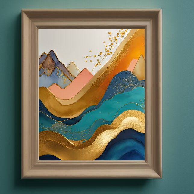 Abstrakt Liggande målning Guld Peach Blue Poster (Skapare uppladdad)