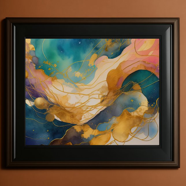 Abstrakt Liggande målning Guld Peach Blue Poster (Skapare uppladdad)