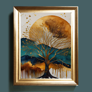 Abstrakt Liggande målning Guld Rust Blue Poster