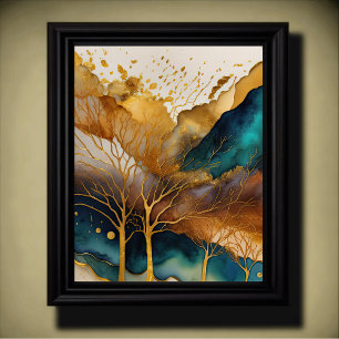 Abstrakt Liggande målning Guld Rust Blue Poster
