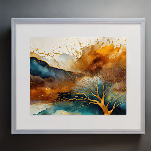 Abstrakt Liggande målning Guld Rust Blue Poster