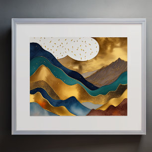 Abstrakt Liggande målning Guld Rust Blue Poster