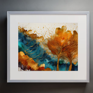 Abstrakt Liggande målning Guld Rust Blue Poster