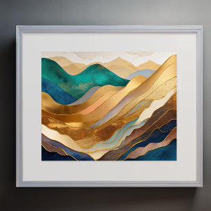 Abstrakt Liggande målning Guld Rust Blue Poster