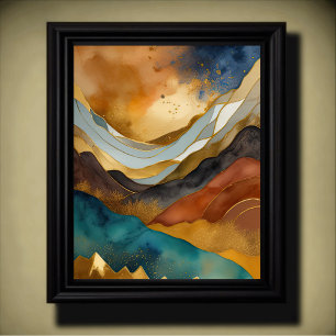Abstrakt Liggande målning Guld Rust Blue Poster