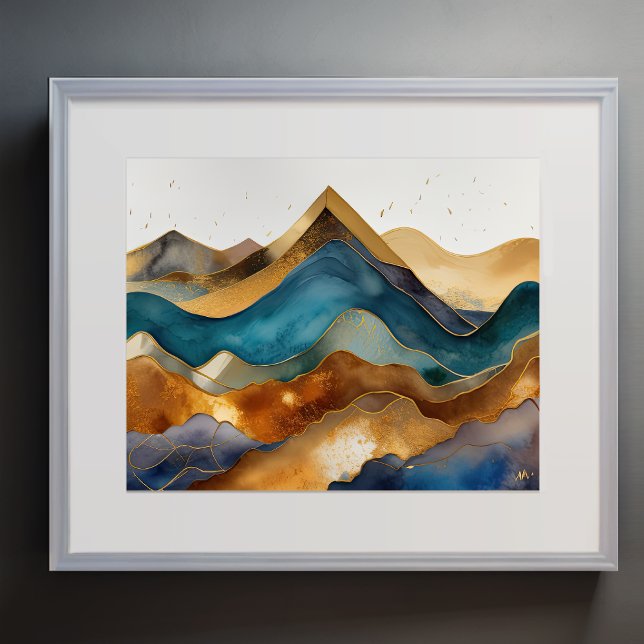 Abstrakt Liggande målning Guld Rust Blue Poster (Skapare uppladdad)