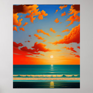 Abstrakt liggande med solnedblått orange enkelt poster