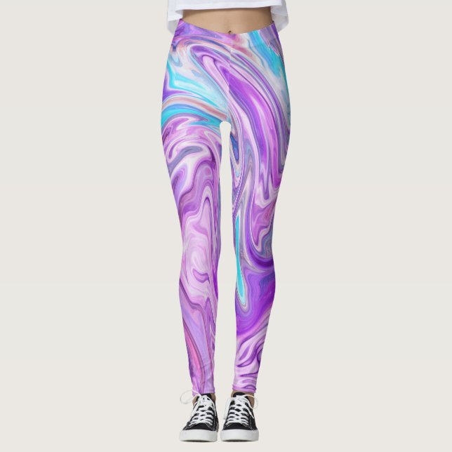 Abstrakt Light Blue Lila Liquid Swirl Leggings (Framsida)