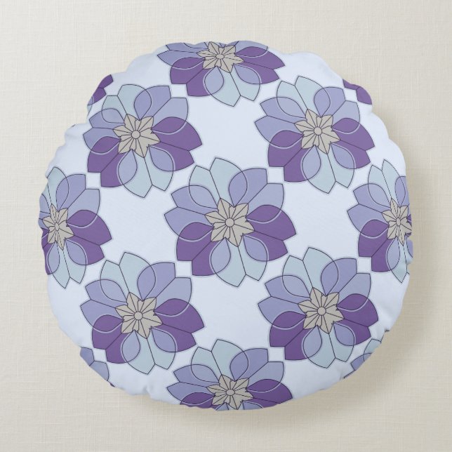 Abstrakt lila & blå modern blomrund kudde (Framsidan)