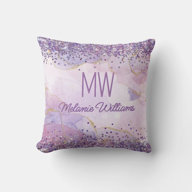 Abstrakt Lila Bläck Watercolor Glitter Monogram Kudde (Framsida)