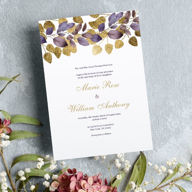 Abstrakt lila brun guld foliage Bröllop Inbjudningar (Abstract purple brown gold foliage Wedding )