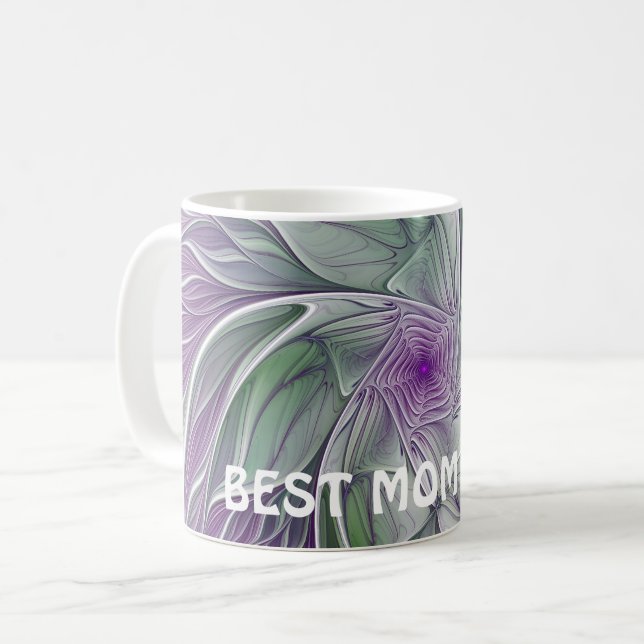 Abstrakt Lila Grönt Flower Fractal Art Bästa Mamma Kaffemugg (Framsida vänster)