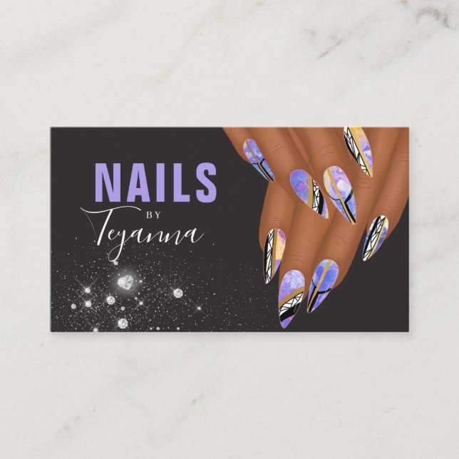 Abstrakt Lila Marble Glitter Händer Nail Artist B Visitkort (Framsida)