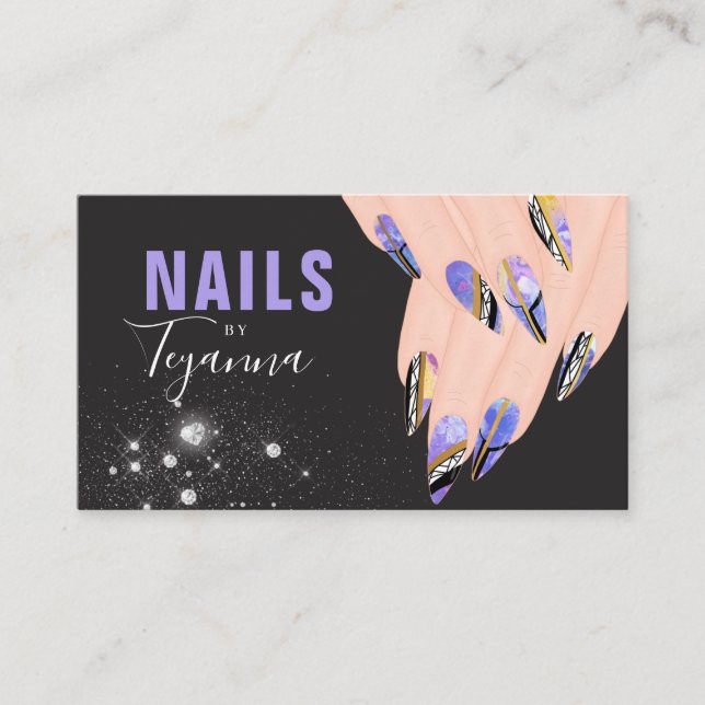 Abstrakt Lila Marble Glitter Händer Nail Artist Visitkort (Framsida)