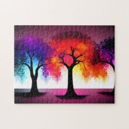 Abstrakt Lila Red Gult Black Silhouette Träd Pussel