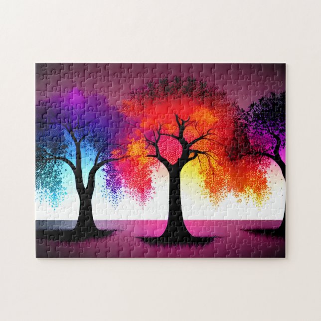 Abstrakt Lila Red Gult Black Silhouette Träd Pussel (Horisontell)