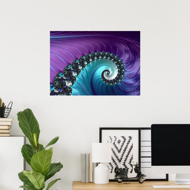 Abstrakt Lila Turkos Gradient Spiral Fractal Poster (Hemmakontoret)