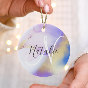 Abstrakt Lila Watercolor Luxurious Julgransprydnad Keramik